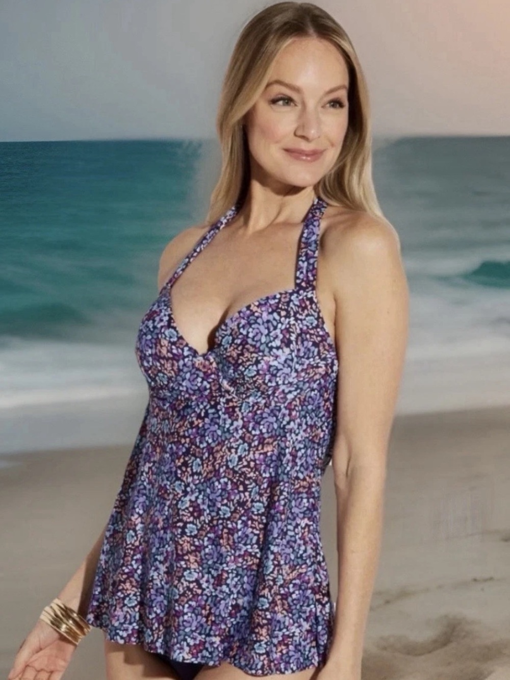 LEILANI Swimsuit Size 14 Blue Purple Floral Spring Fever Maui Halter Tankini NEW